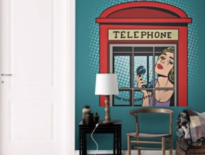 Kορίτσι σε τηλεφωνικό θάλαμο Κόμικς Ταπετσαρίες Τοίχου 100 x 100 εκ.
